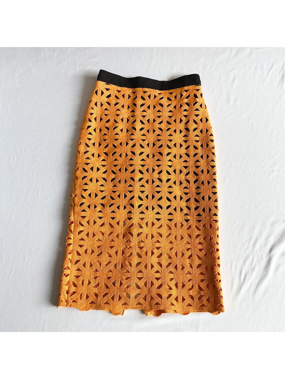 MSGM Milano Yellow Crochet Cutout Midi Skirt Black Accent Made in Italy Size 38